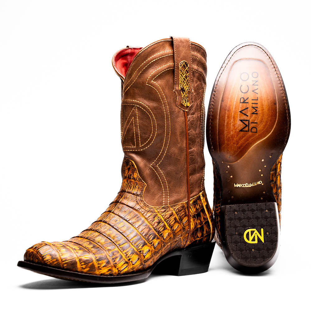 Marco Di Milano Genuine Caiman Belly Skin Cowboy Boot phoenix Mustard Brown