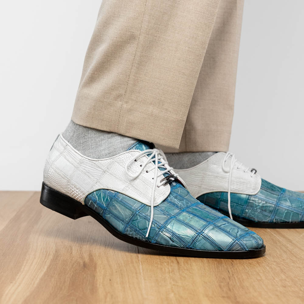 Pissa Genuine Caiman Lizard Patchwork Derby Shoes Aqua/White