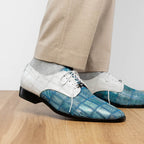 Pissa Genuine Caiman Lizard Patchwork Derby Shoes Aqua/White