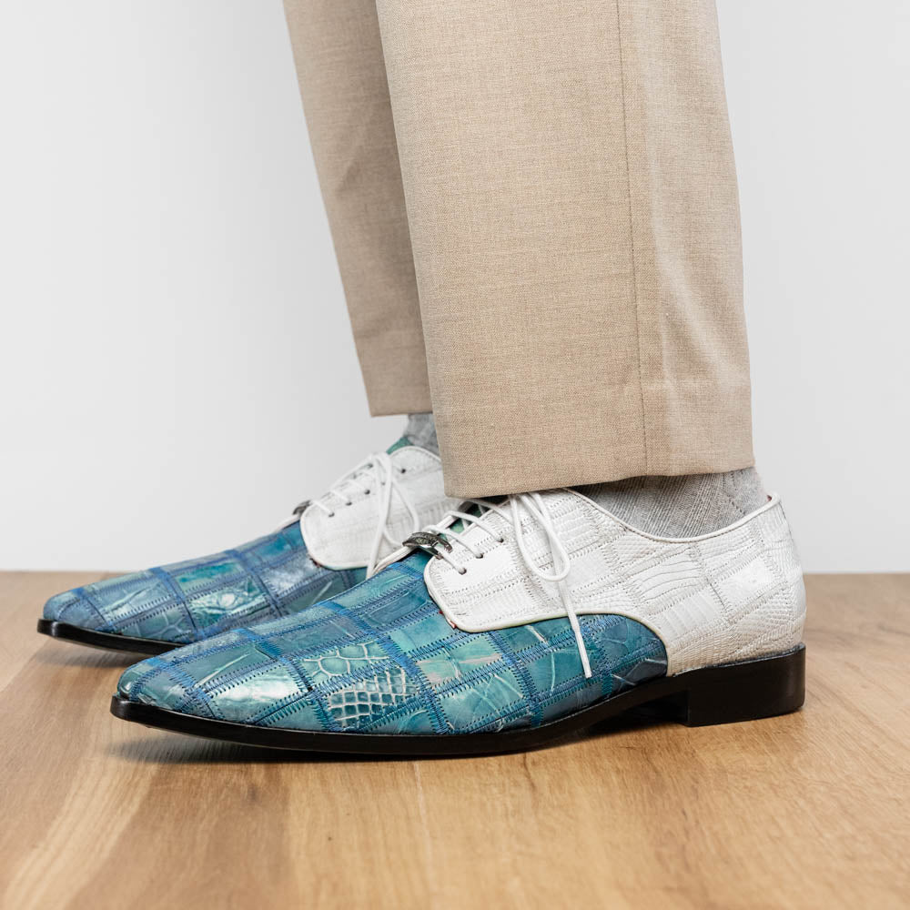 Pissa Genuine Caiman Lizard Patchwork Derby Shoes Aqua/White