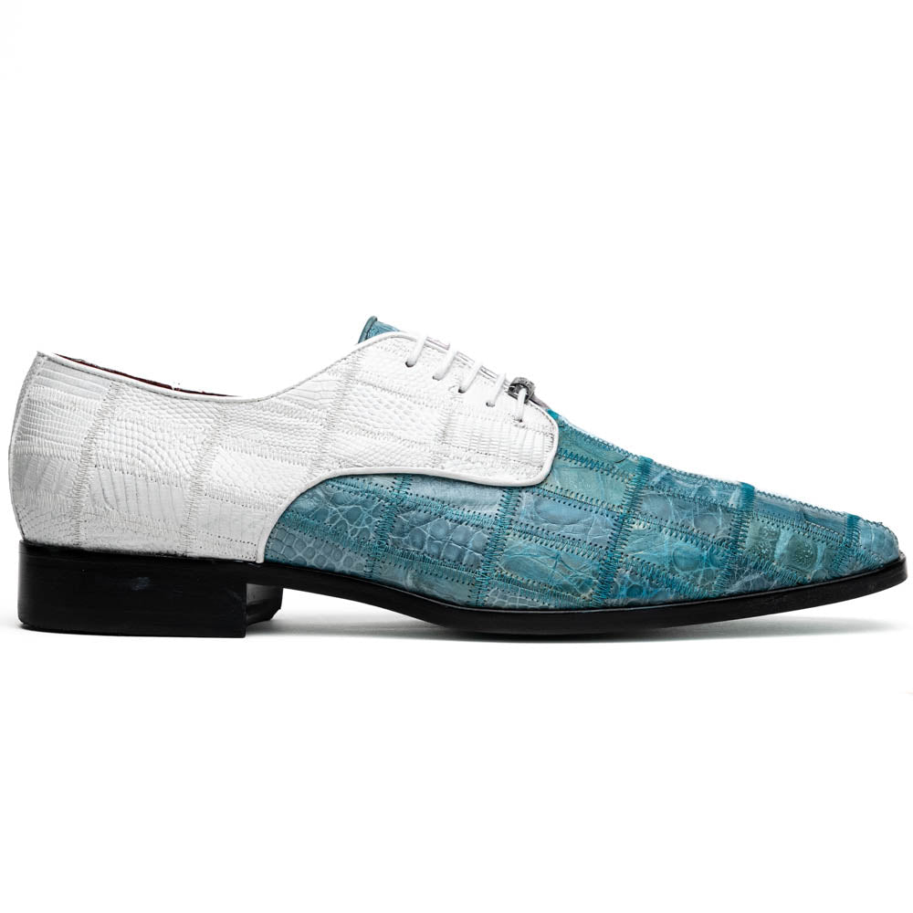 Pissa Genuine Caiman Lizard Patchwork Derby Shoes Aqua/White