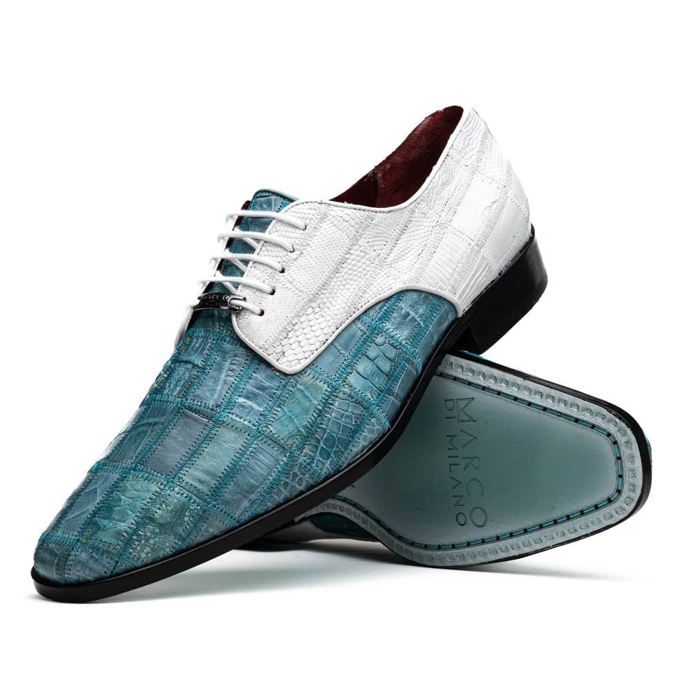 Pissa Genuine Caiman Lizard Patchwork Derby Shoes Aqua/White