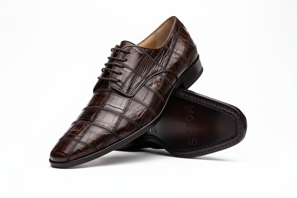 Marco Di Milano Genuine Caiman Lizard Patchwork Derby Shoes Pissa Brown