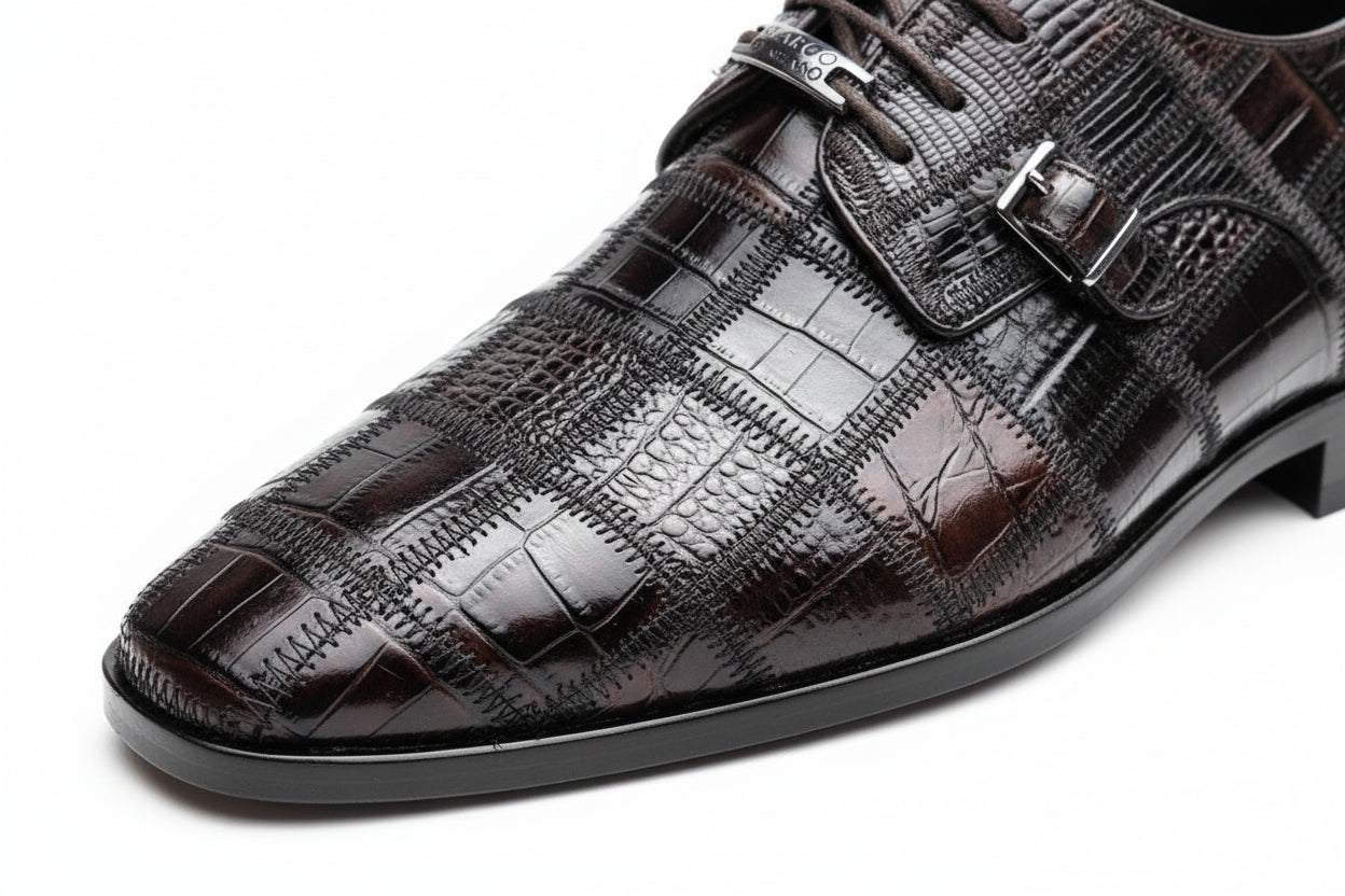 Marco Di Milano Genuine Caiman Lizard Patchwork Derby Shoes Pissa Brown