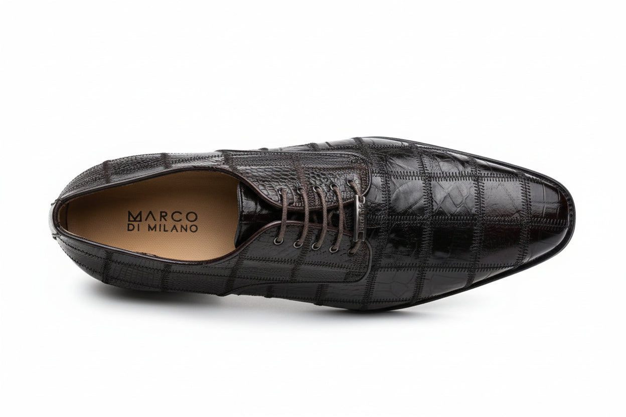 Marco Di Milano Genuine Caiman Lizard Patchwork Derby Shoes Pissa Brown
