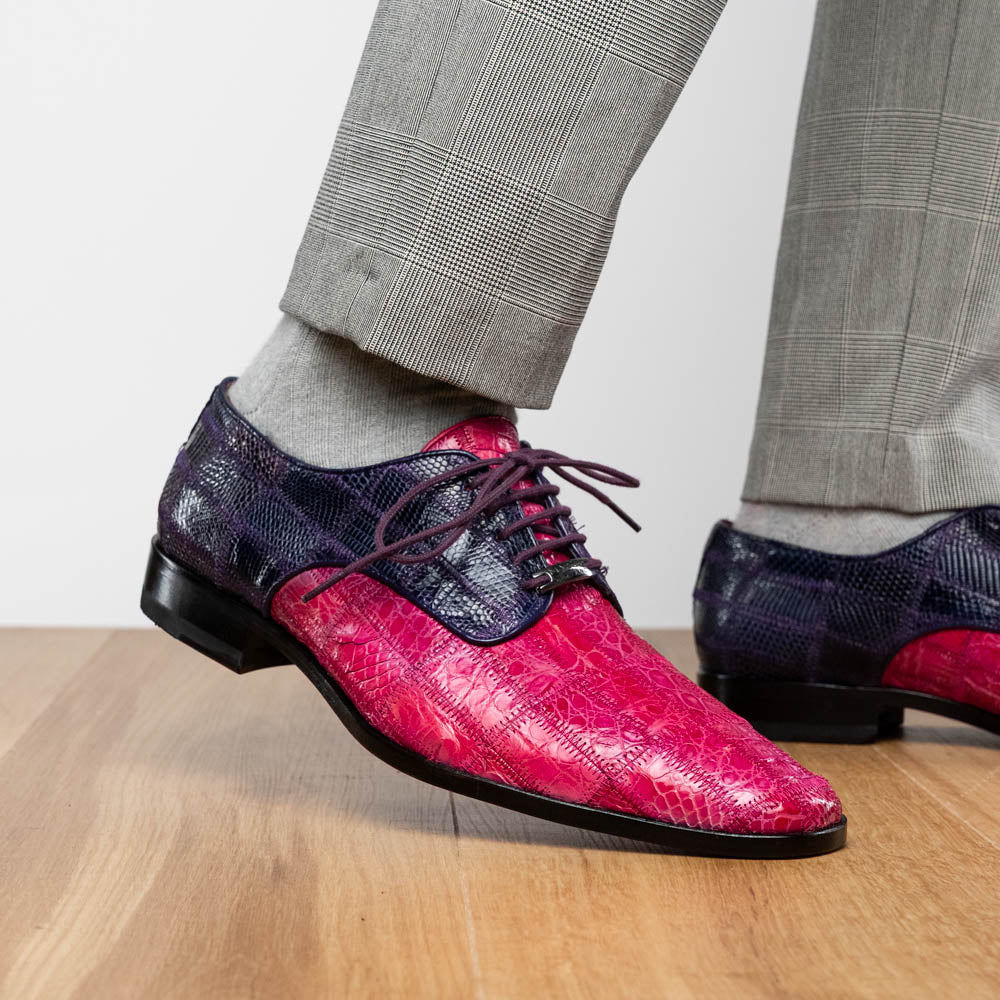 Pissa Genuine Caiman Lizard Patchwork Derby Shoe Pink/Purple