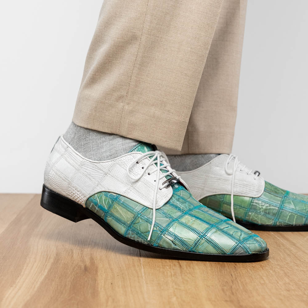 Pissa Genuine Caiman and Lizard Patchwork Derby Shoes Tourquoise/White