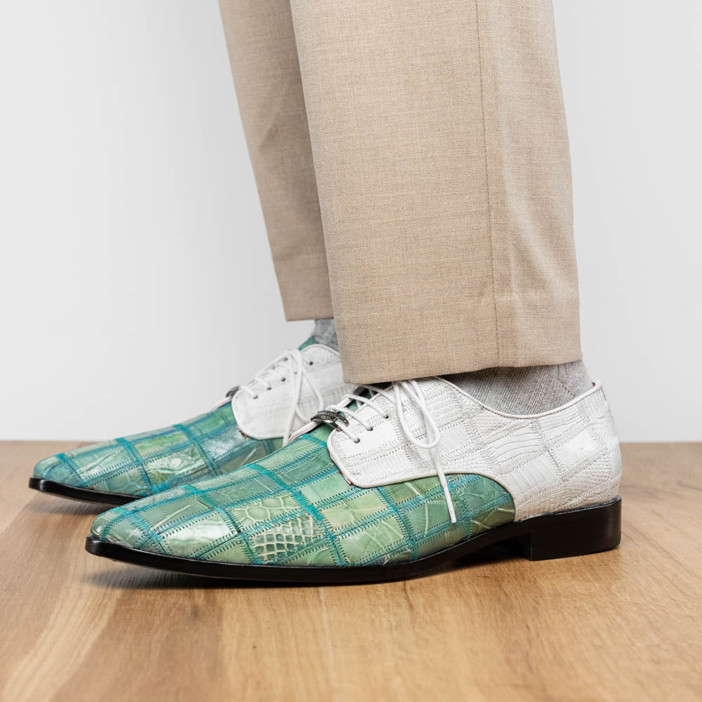 Pissa Genuine Caiman and Lizard Patchwork Derby Shoes Tourquoise/White