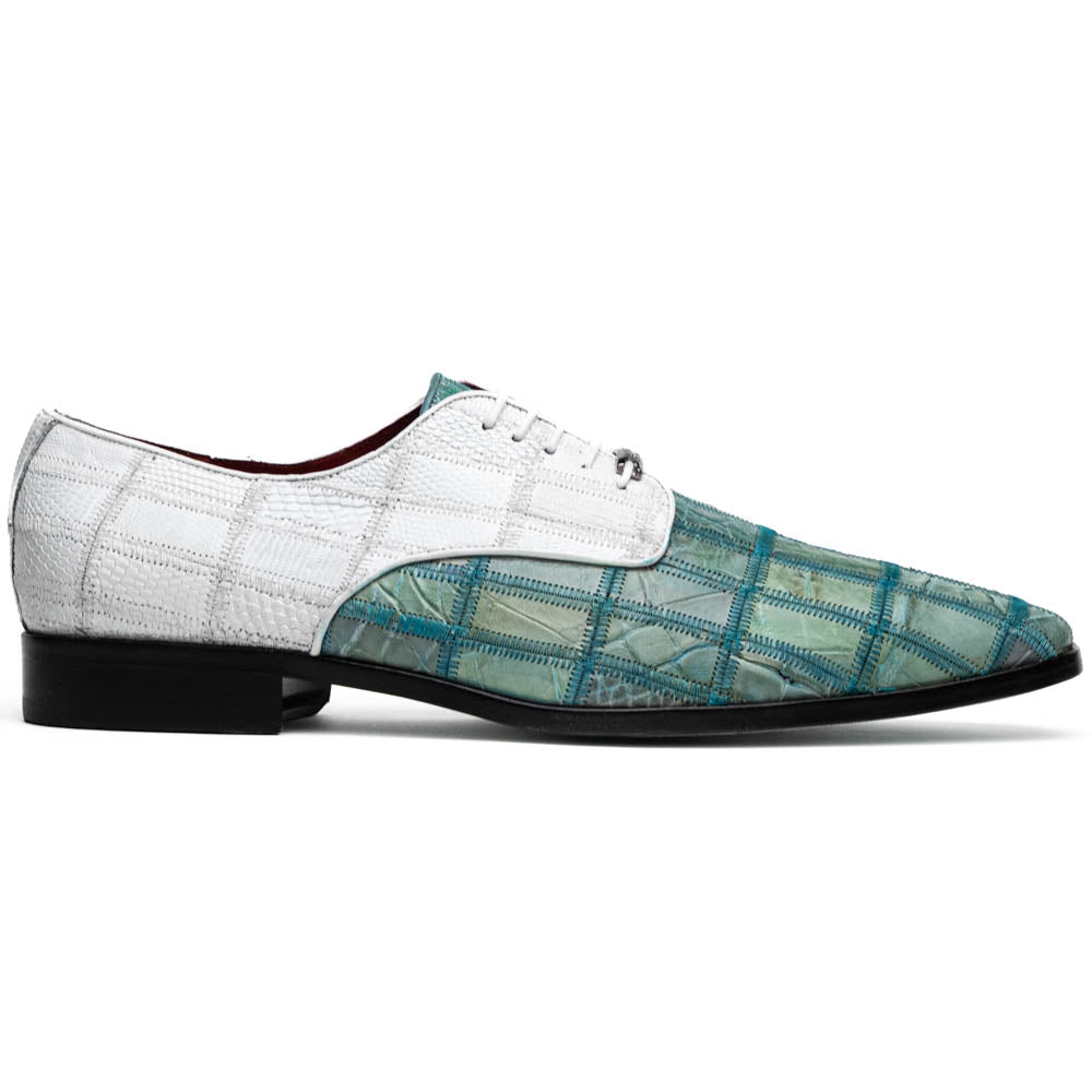 Pissa Genuine Caiman and Lizard Patchwork Derby Shoes Tourquoise/White