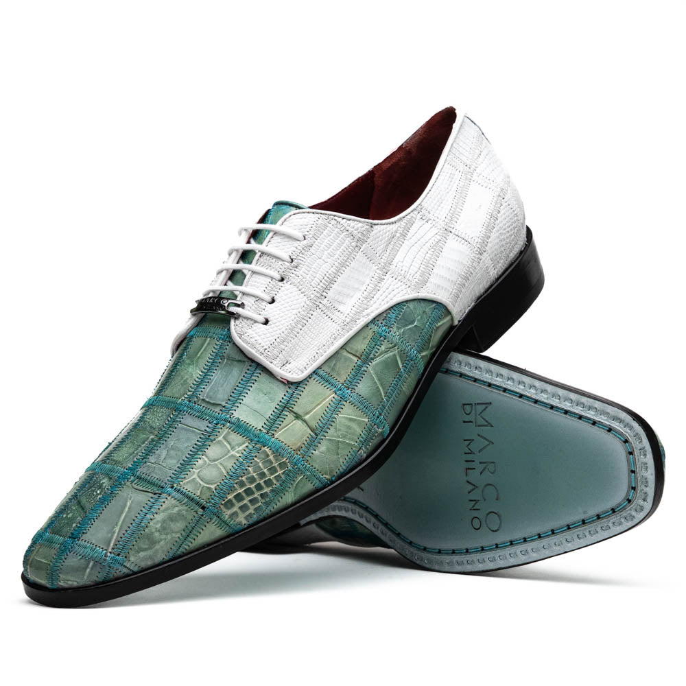 Pissa Genuine Caiman and Lizard Patchwork Derby Shoes Tourquoise/White