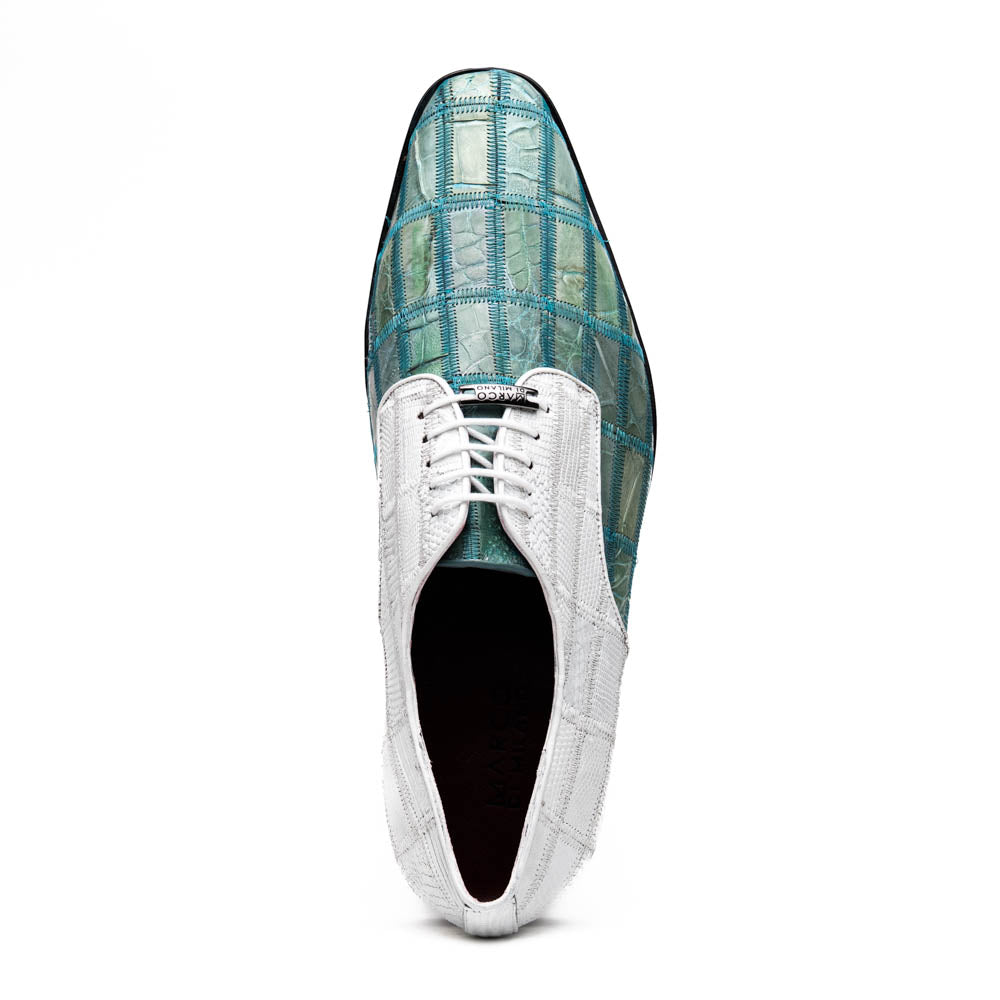 Pissa Genuine Caiman and Lizard Patchwork Derby Shoes Tourquoise/White