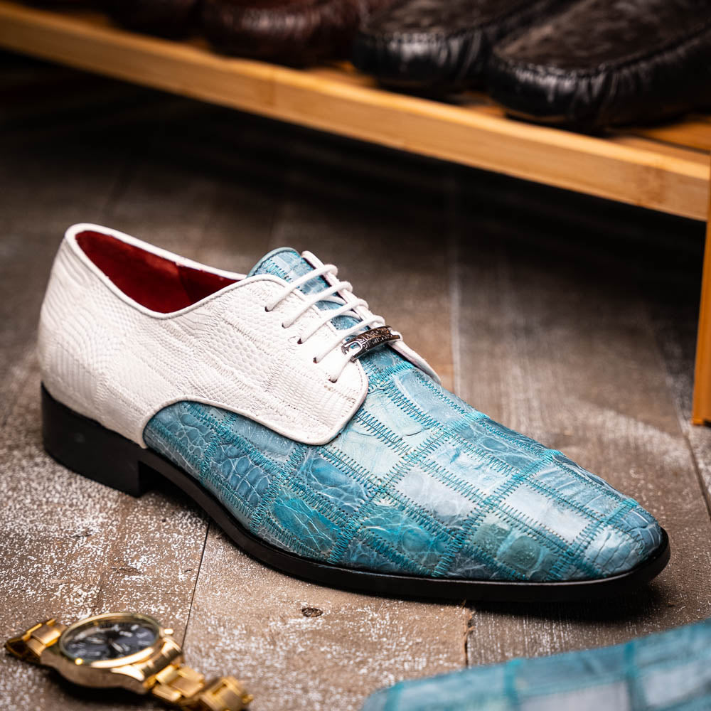 Pissa Genuine Caiman Lizard Patchwork Derby Shoes Aqua/White