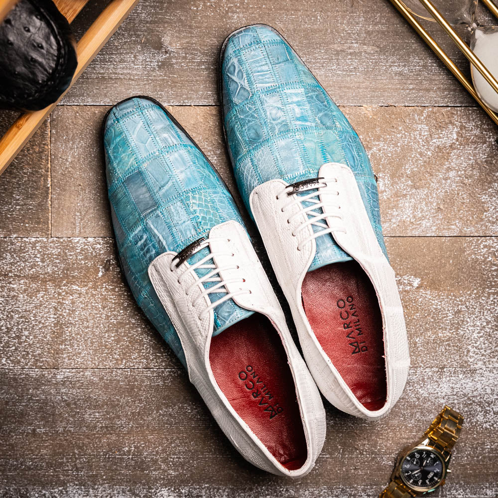 Pissa Genuine Caiman Lizard Patchwork Derby Shoes Aqua/White
