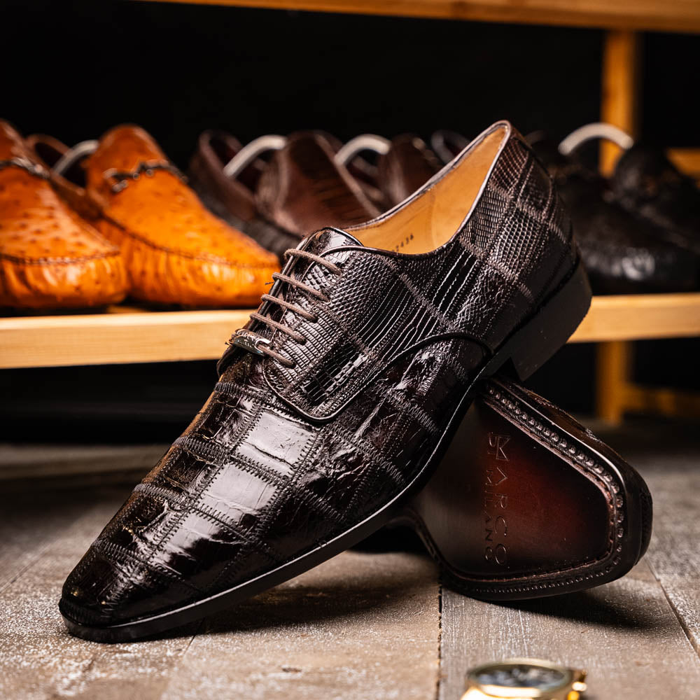 Marco Di Milano Genuine Caiman Lizard Patchwork Derby Shoes Pissa Brown