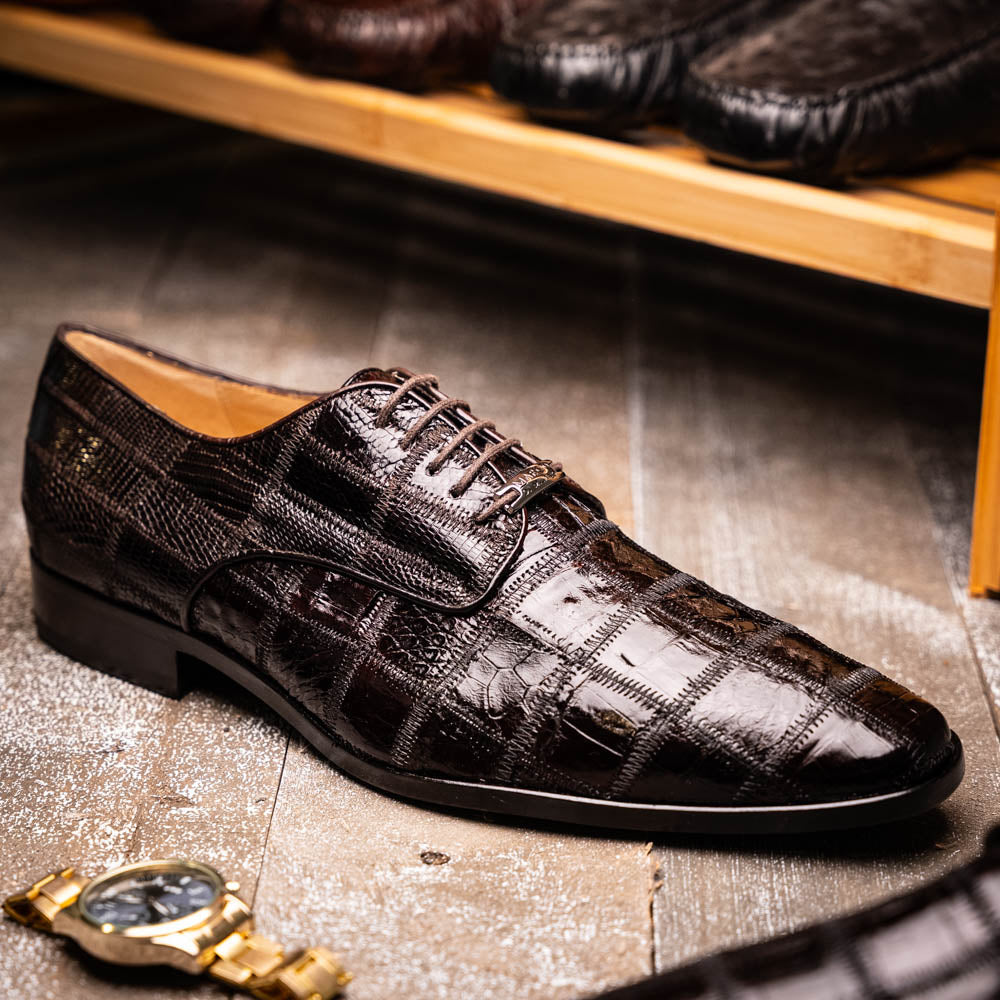 Marco Di Milano Genuine Caiman Lizard Patchwork Derby Shoes Pissa Brown