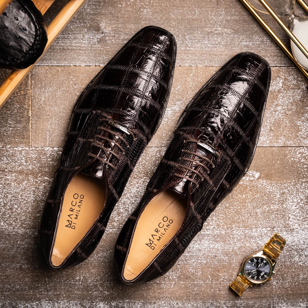 Marco Di Milano Genuine Caiman Lizard Patchwork Derby Shoes Pissa Brown