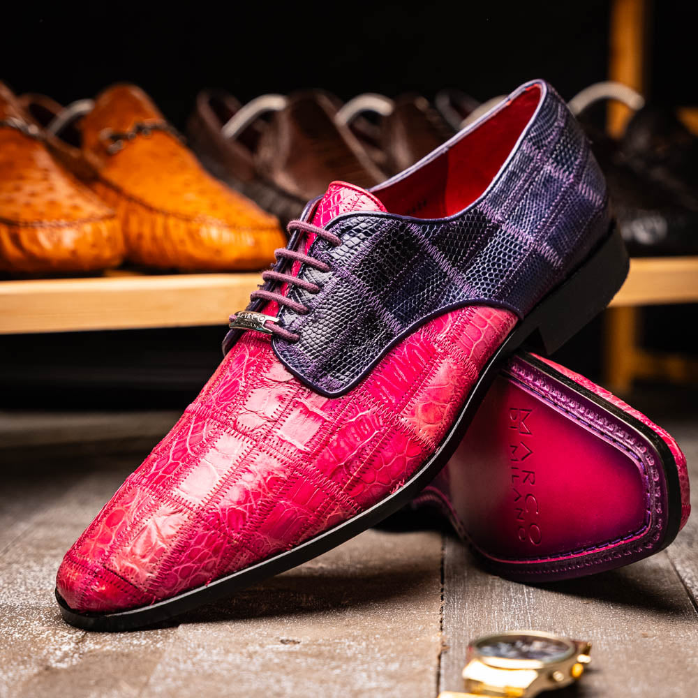 Pissa Genuine Caiman Lizard Patchwork Derby Shoe Pink/Purple