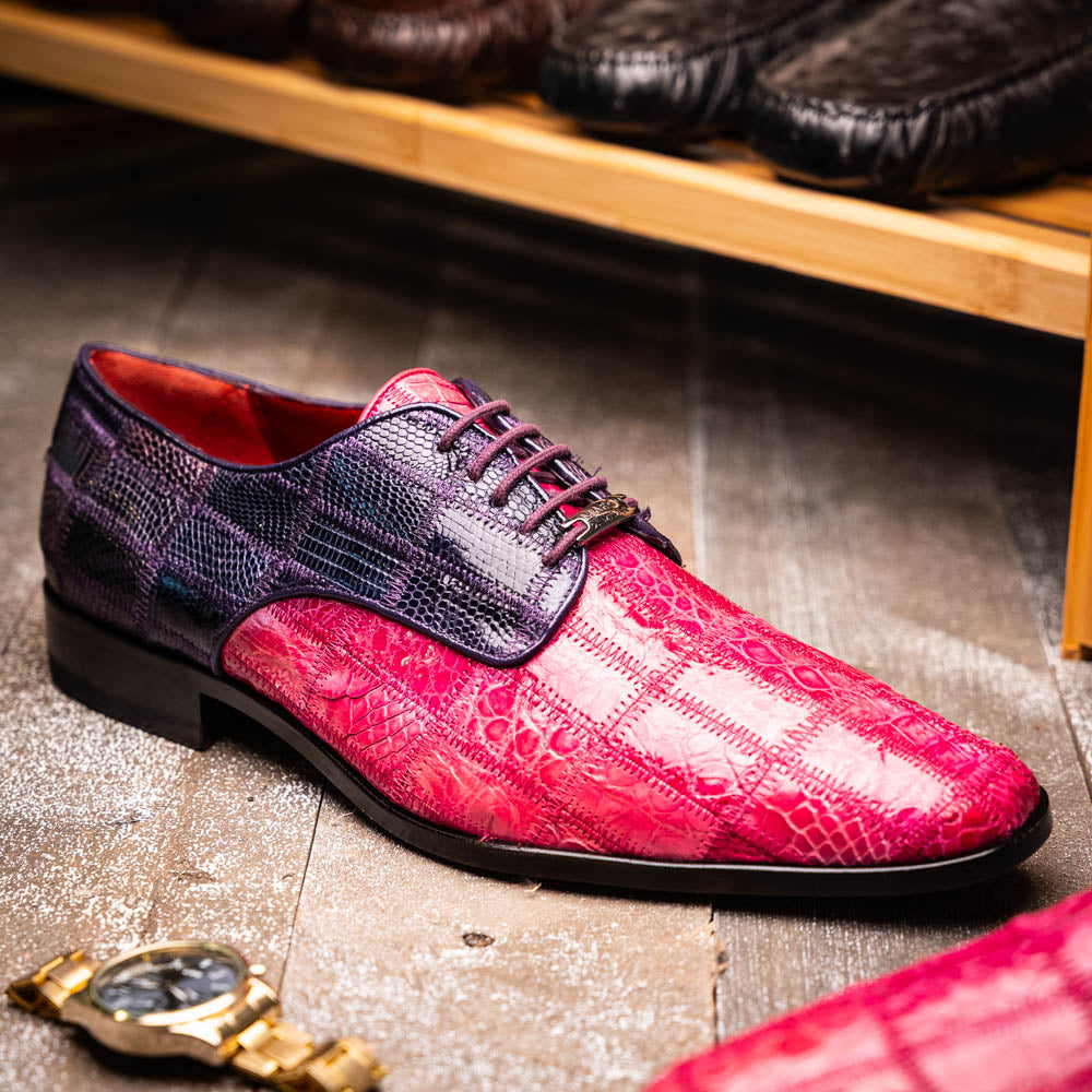 Pissa Genuine Caiman Lizard Patchwork Derby Shoe Pink/Purple