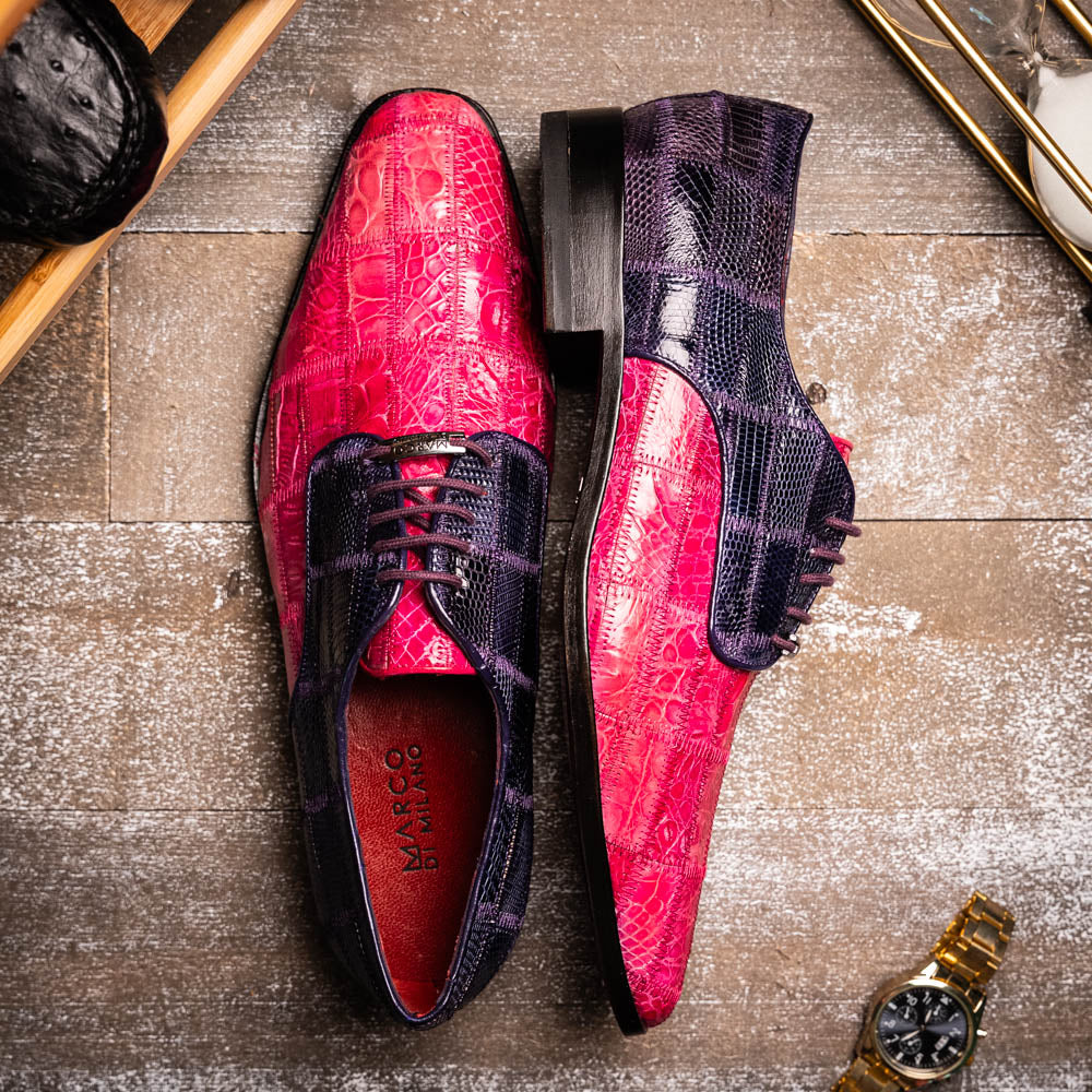 Pissa Genuine Caiman Lizard Patchwork Derby Shoe Pink/Purple