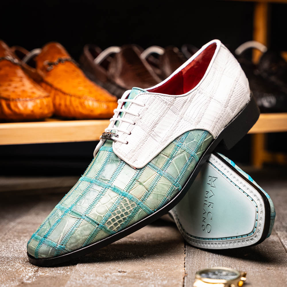 Pissa Genuine Caiman and Lizard Patchwork Derby Shoes Tourquoise/White