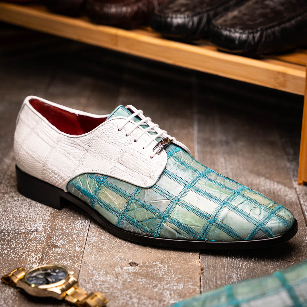 Pissa Genuine Caiman and Lizard Patchwork Derby Shoes Tourquoise/White