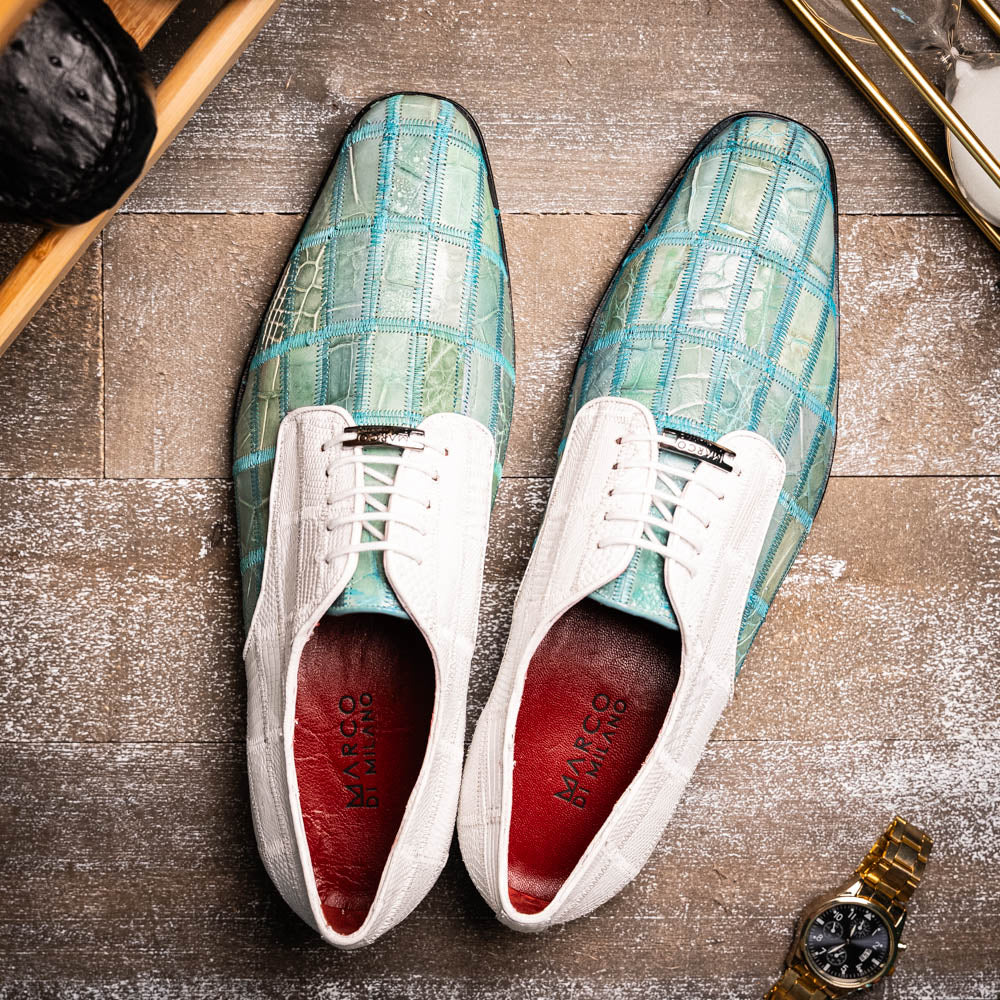 Pissa Genuine Caiman and Lizard Patchwork Derby Shoes Tourquoise/White