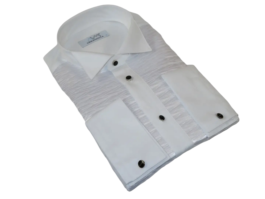 Men CEREMONIA Formal Cotton Shirt Wingtip Slim Fit Turkey #PLA 13 Crinkled White