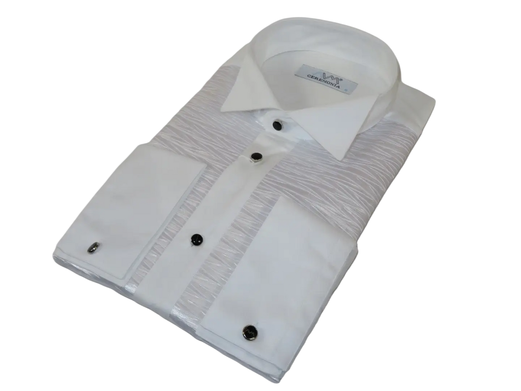 Men CEREMONIA Formal Cotton Shirt Wingtip Slim Fit Turkey #PLA 13 Crinkled White