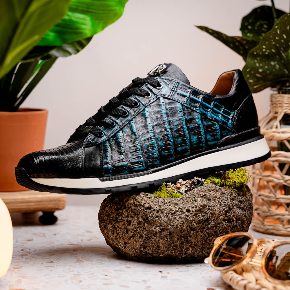 Men's Shoes genuine crocodile and lizard fashion sneaker Portici Navy / Black