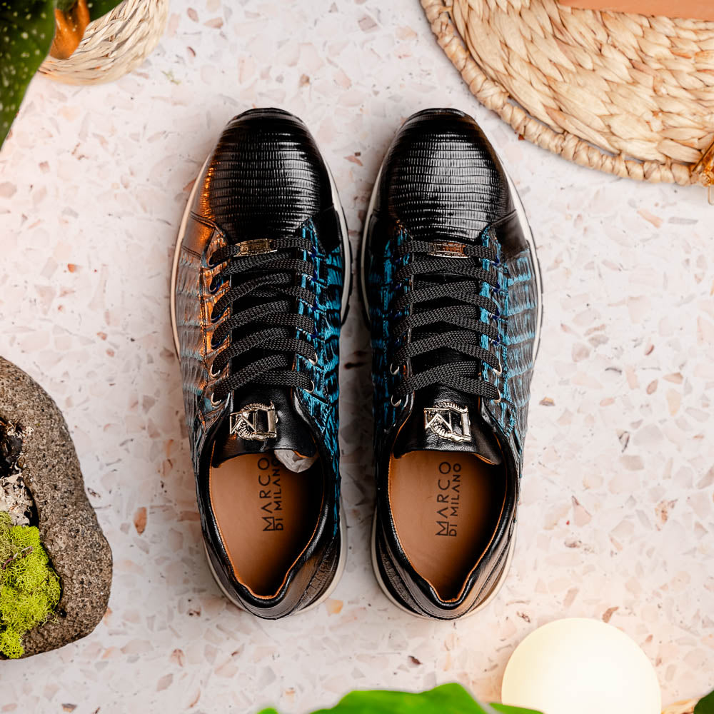 Men's Shoes genuine crocodile and lizard fashion sneaker Portici Navy / Black