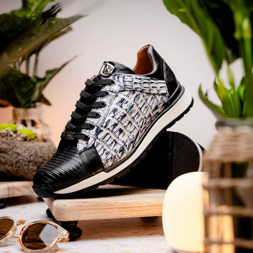 Portici Genuine Crocodile and Lizard Fashion Sneaker Newspaper / Black