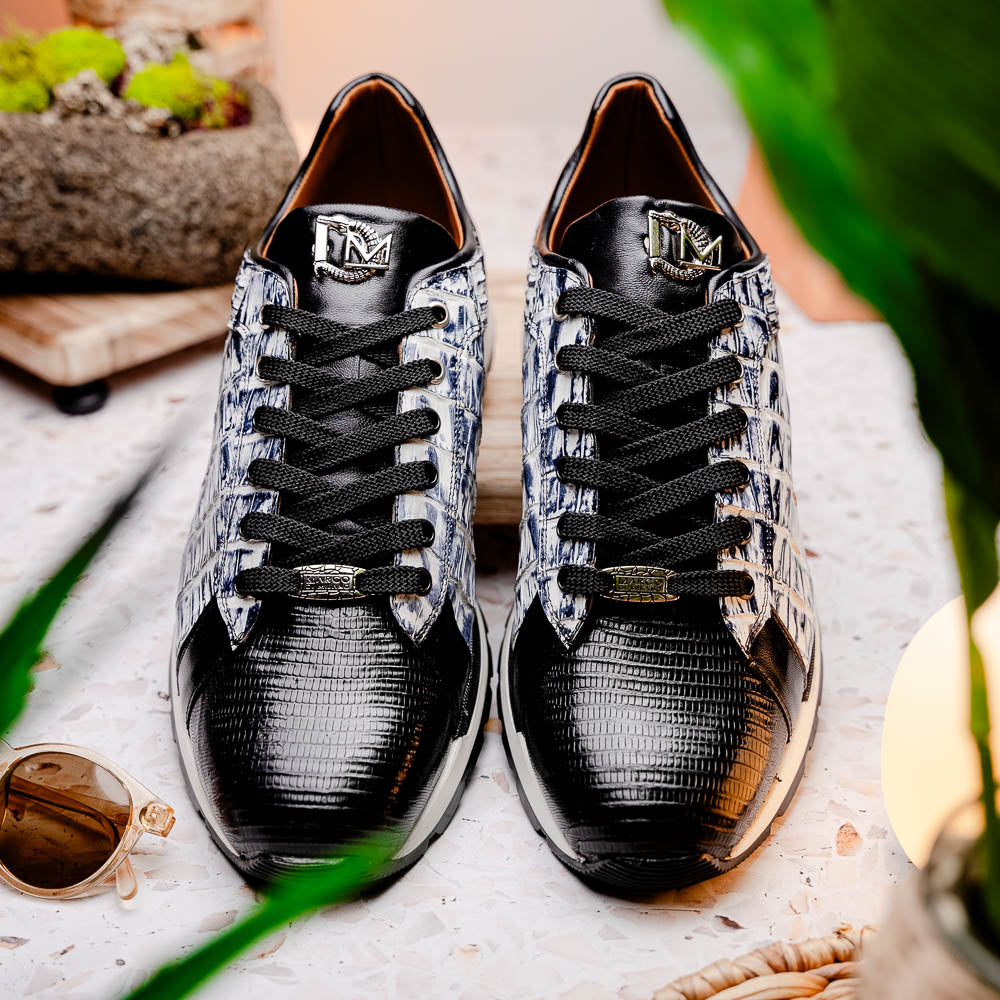 Portici Genuine Crocodile and Lizard Fashion Sneaker Newspaper / Black