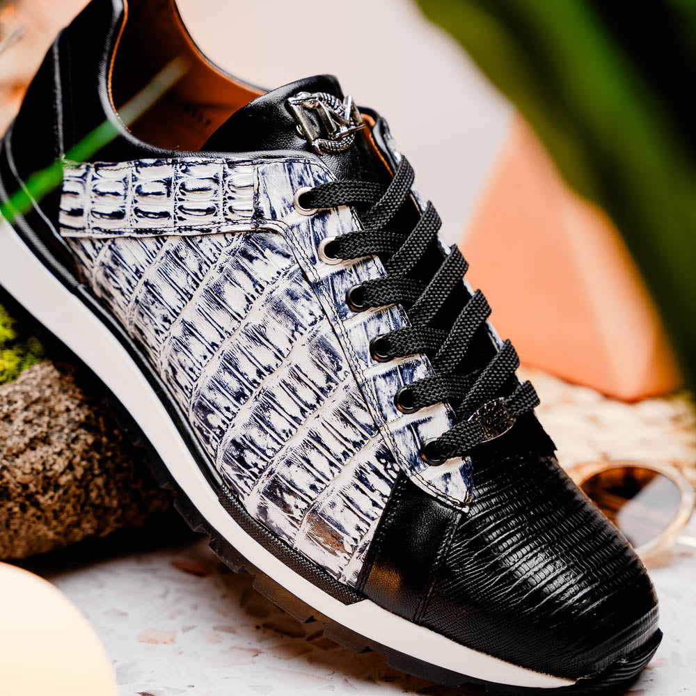 Portici Genuine Crocodile and Lizard Fashion Sneaker Newspaper / Black