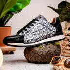 Portici Genuine Crocodile and Lizard Fashion Sneaker Newspaper / Black