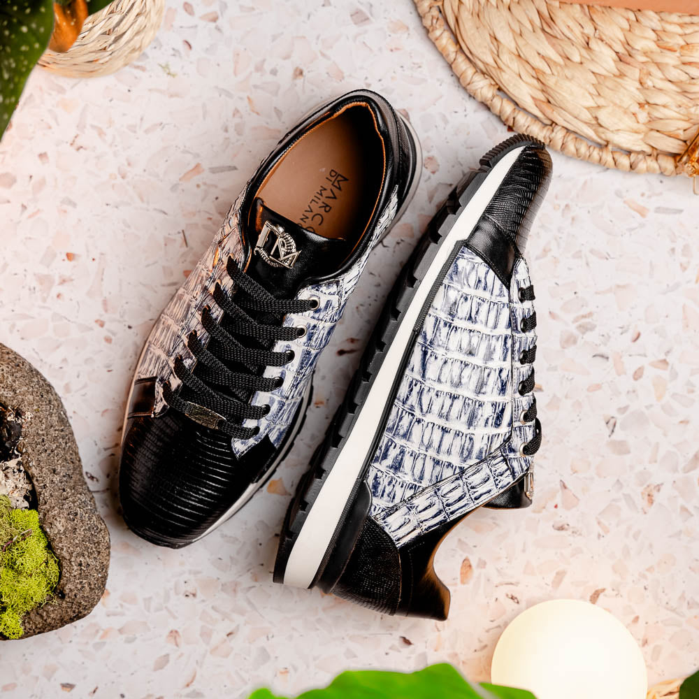 Portici Genuine Crocodile and Lizard Fashion Sneaker Newspaper / Black