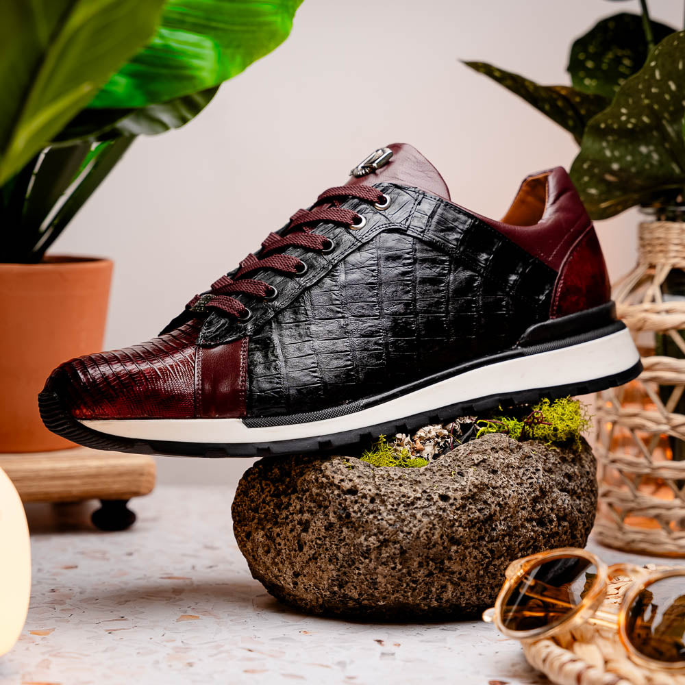 Portici Genuine Crocodile and Lizard Fashion Sneaker Wine / Black
