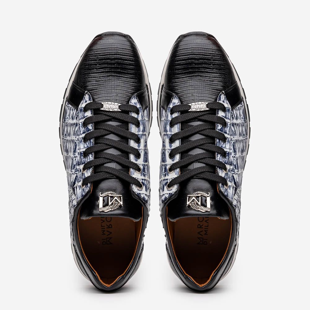 Portici Genuine Crocodile and Lizard Fashion Sneaker Newspaper / Black