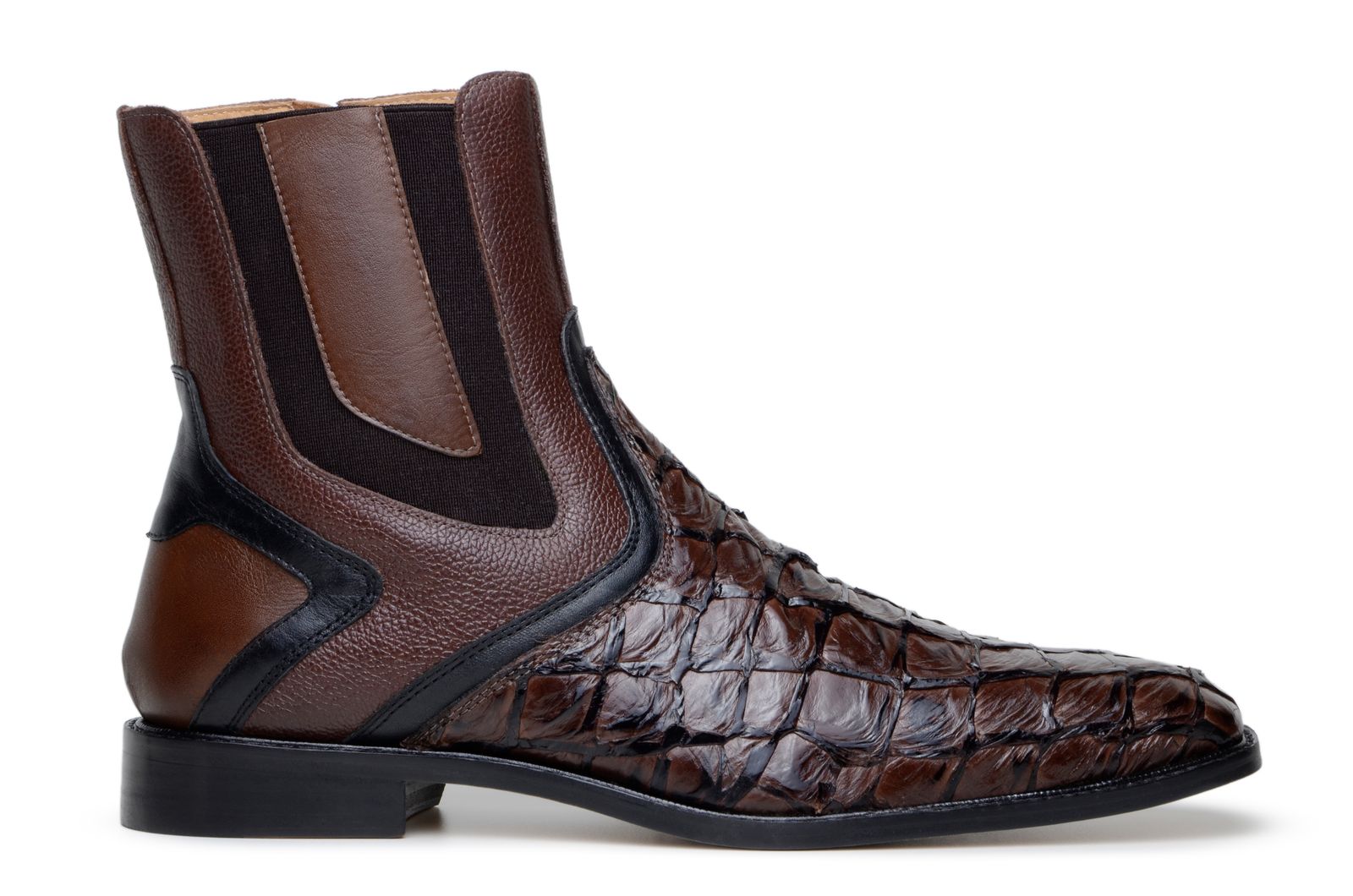 Belvedere Lima Genuine Pirarucu Skin and Pebble Grain Calf Chukka Zipper Boots Brown