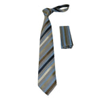 Men's Woven Tie Hankie Set J.Valintin Private Collection R89 Tan Blue Stripe