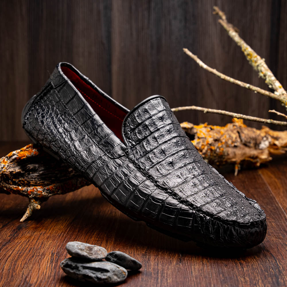 Remo Genuine Caiman Slip On Driving Loafers  Black