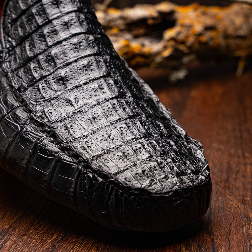 Remo Genuine Caiman Slip On Driving Loafers  Black