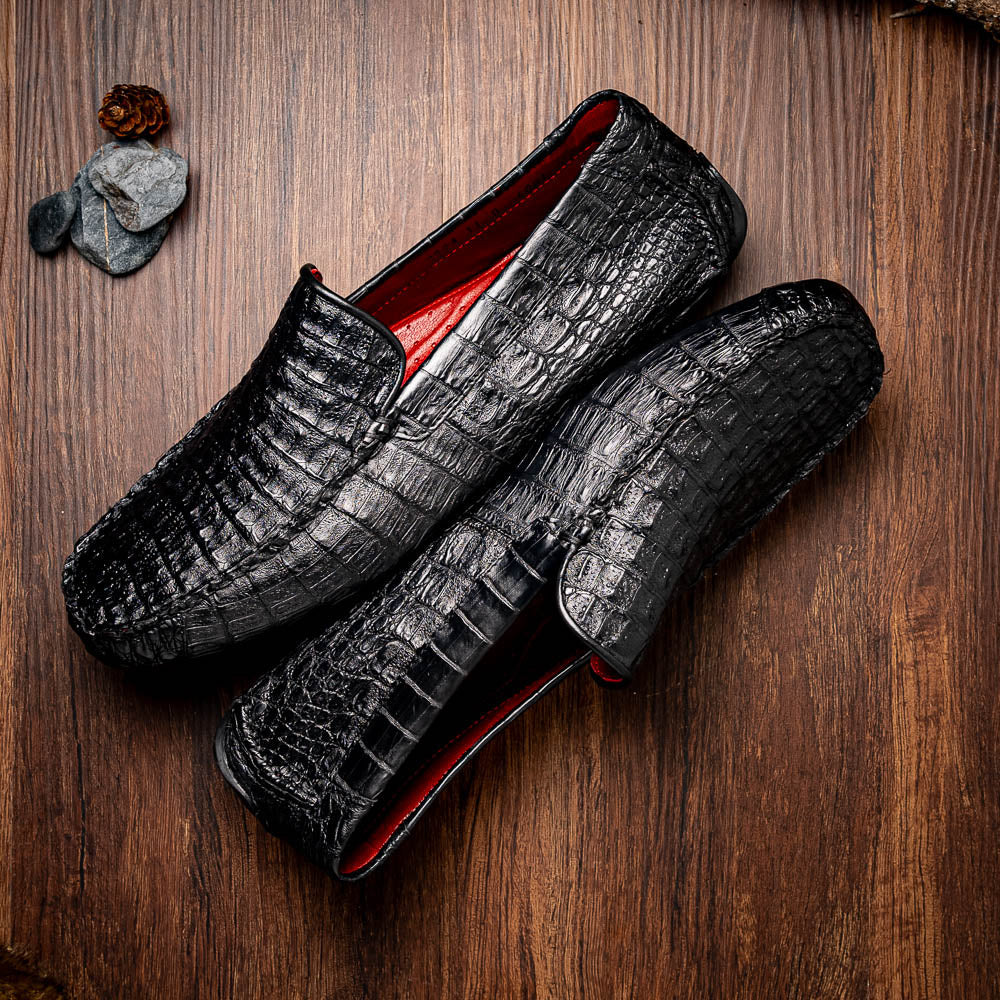 Remo Genuine Caiman Slip On Driving Loafers  Black