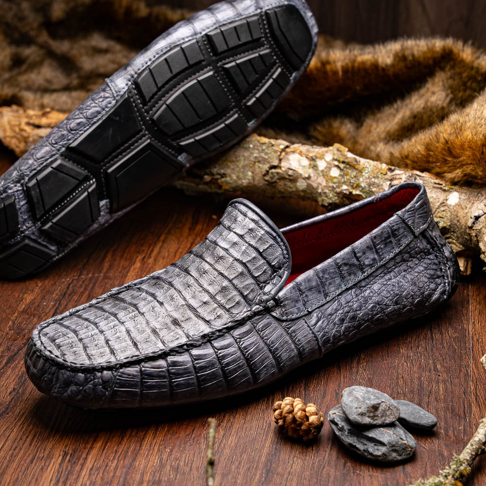 Remo Genuine Caiman Slip On Driving Loafers Gray