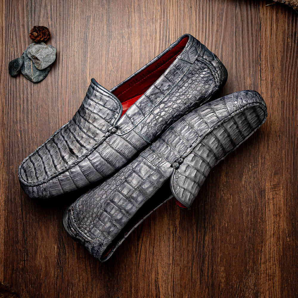 Remo Genuine Caiman Slip On Driving Loafers Gray