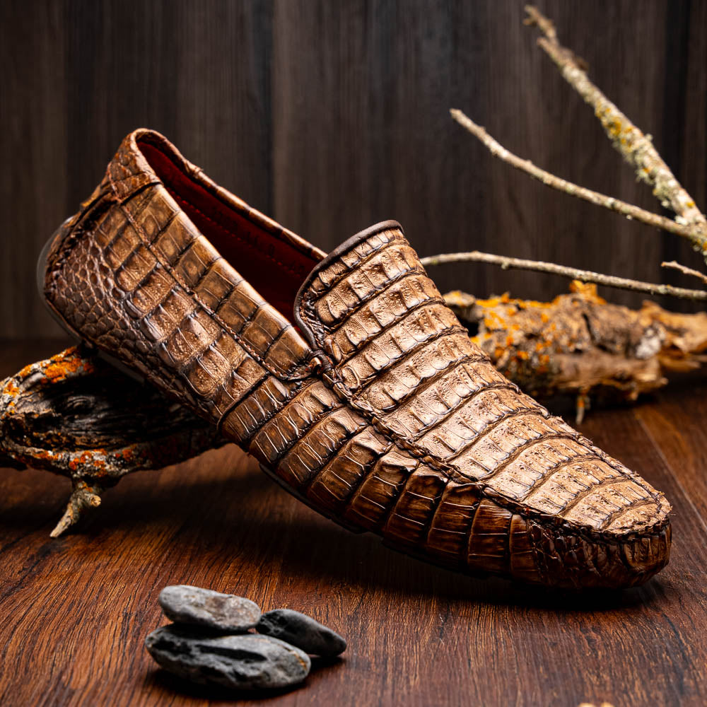 Men's genuine Crocodile caiman slip-on driving loafer Shoes Remo Washed Brown