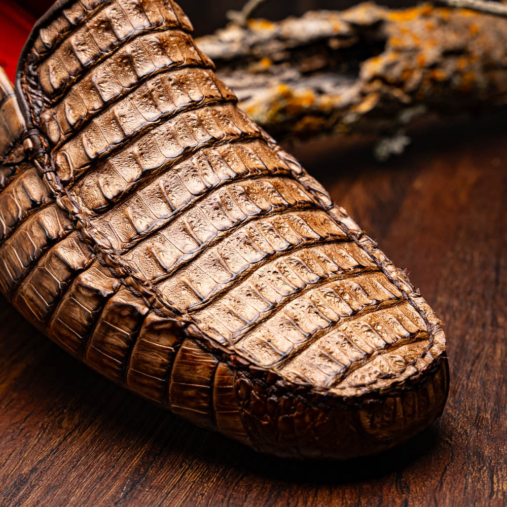 Men's genuine Crocodile caiman slip-on driving loafer Shoes Remo Washed Brown