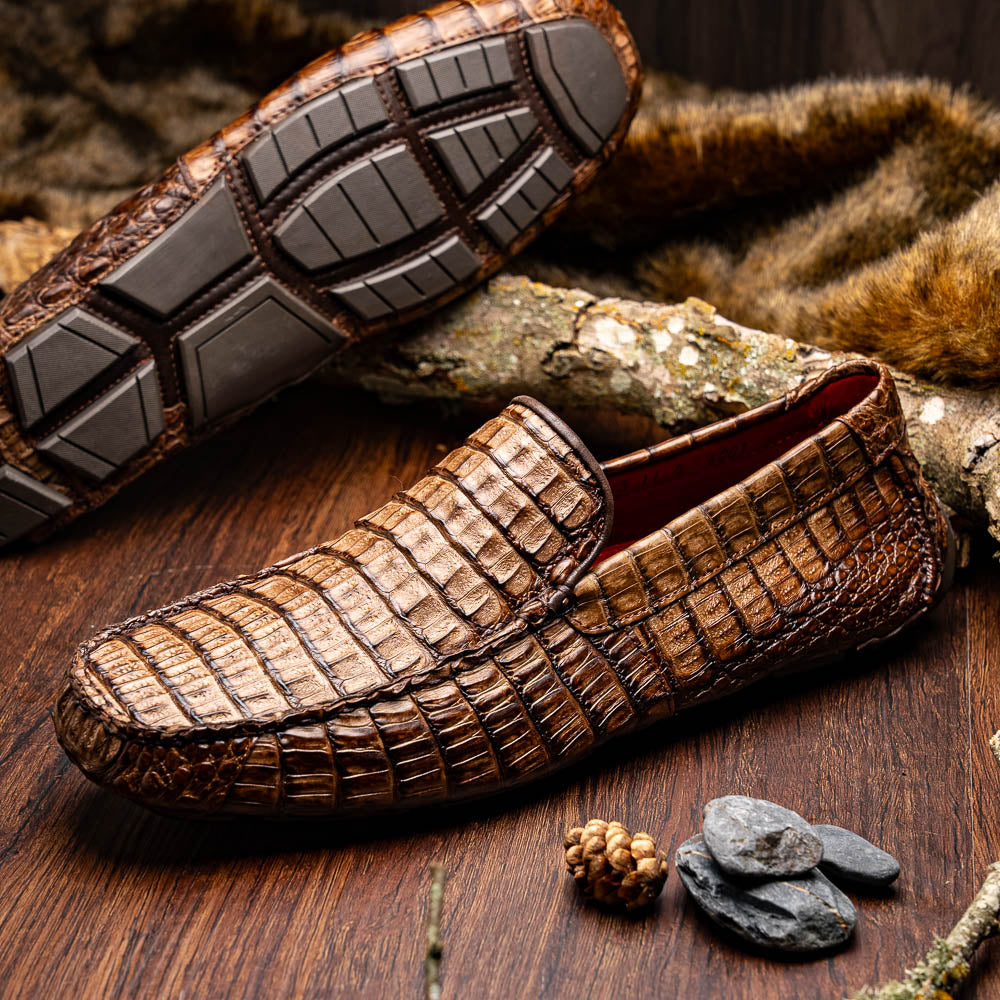Men's genuine Crocodile caiman slip-on driving loafer Shoes Remo Washed Brown