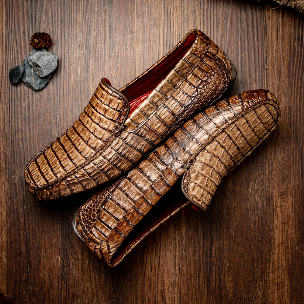 Men's genuine Crocodile caiman slip-on driving loafer Shoes Remo Washed Brown