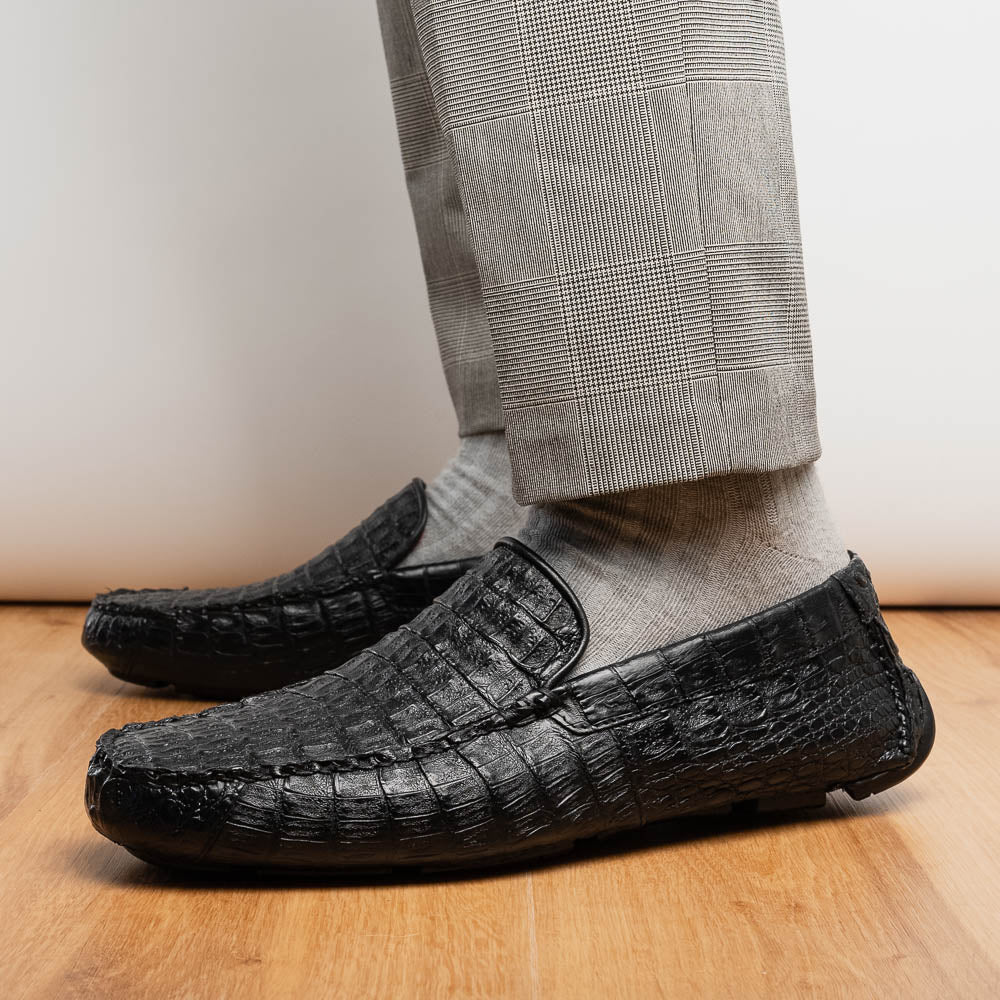 Remo Genuine Caiman Slip On Driving Loafers  Black