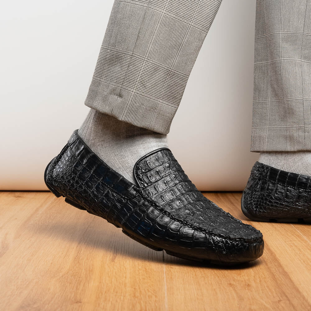Remo Genuine Caiman Slip On Driving Loafers  Black